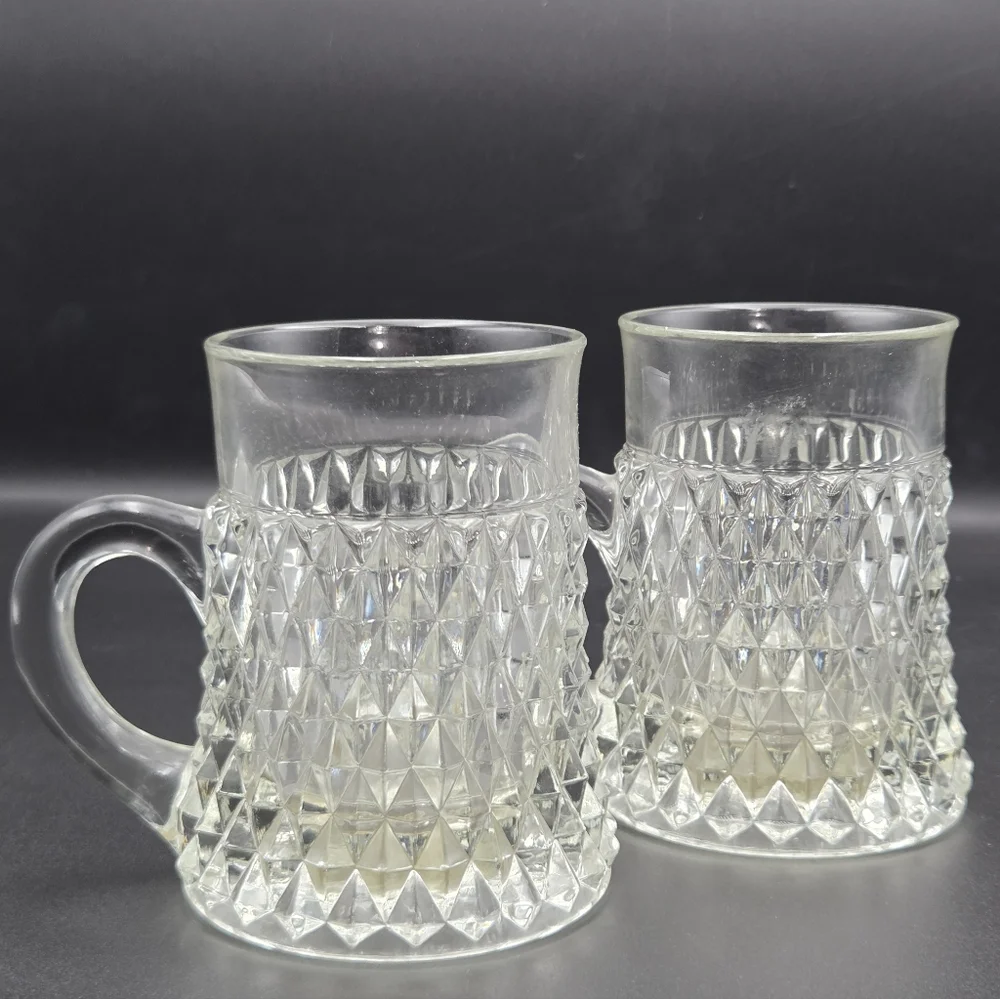 Indiana Glass Diamond Point Handled Coffee Mug Clear Cup Beer Set of 2